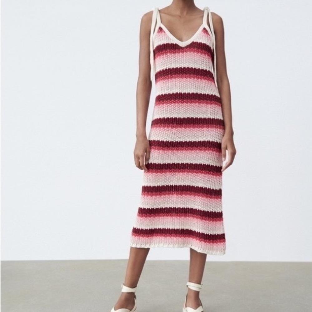Zara Limited Edition Pink Red Striped Knit Maxi Dress size S bloggers favorite